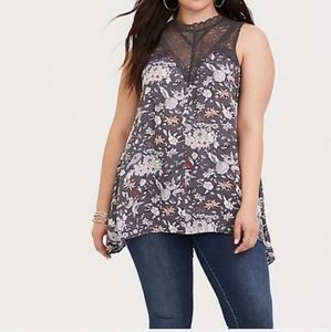 Torrid Gray Floral Illusion Sharkbite Lace Tank Top